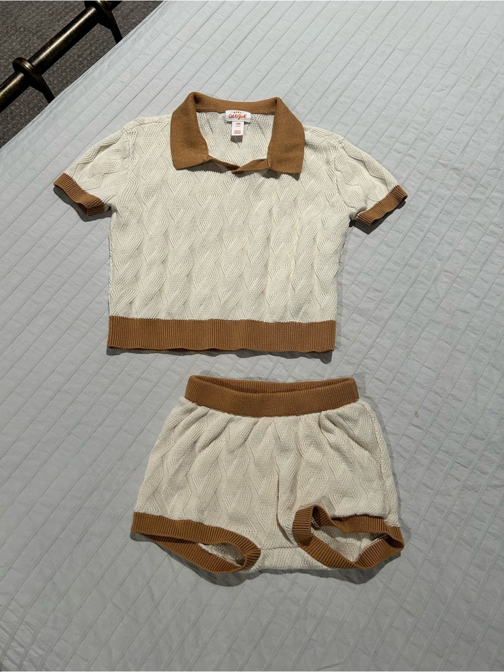 Cream Cable Knit Set with Tan Trim